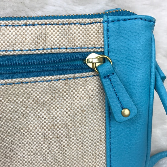Fossil Blue Tan Canvas Crossbody Purse Handbag - Picture 8 of 8